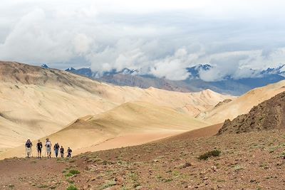 Montée au Kumur La avec en toile de fond le massif des Kang Yatze - Ladakh - Inde