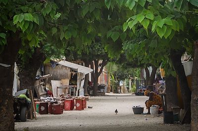 Femme seule dans un village entouré de végétation au Sénégal