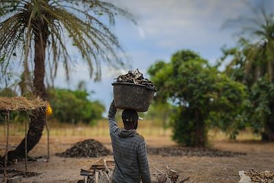 Pêcheur avec sa bassine de poissons au Sénégal